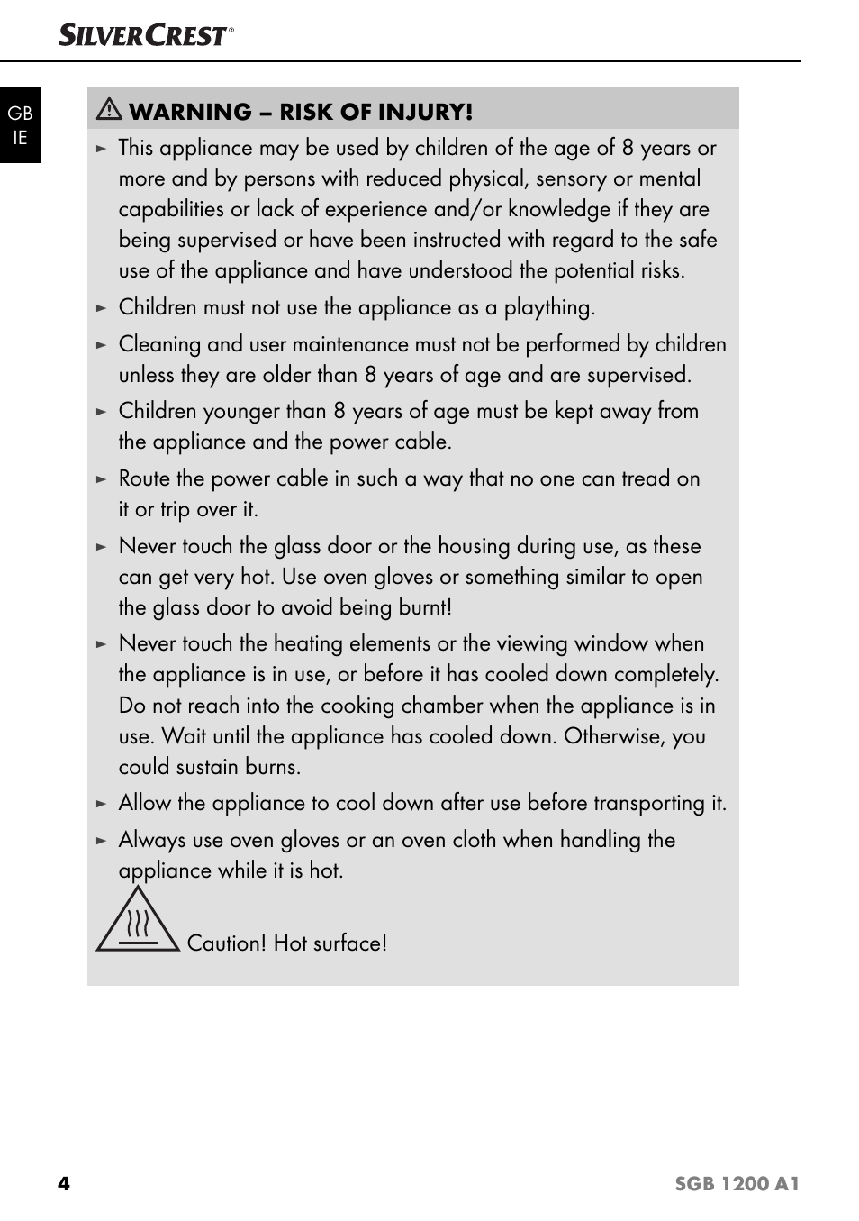 Warning – risk of injury, Children must not use the appliance as a plaything | Silvercrest SGB 1200 A1 User Manual | Page 7 / 99
