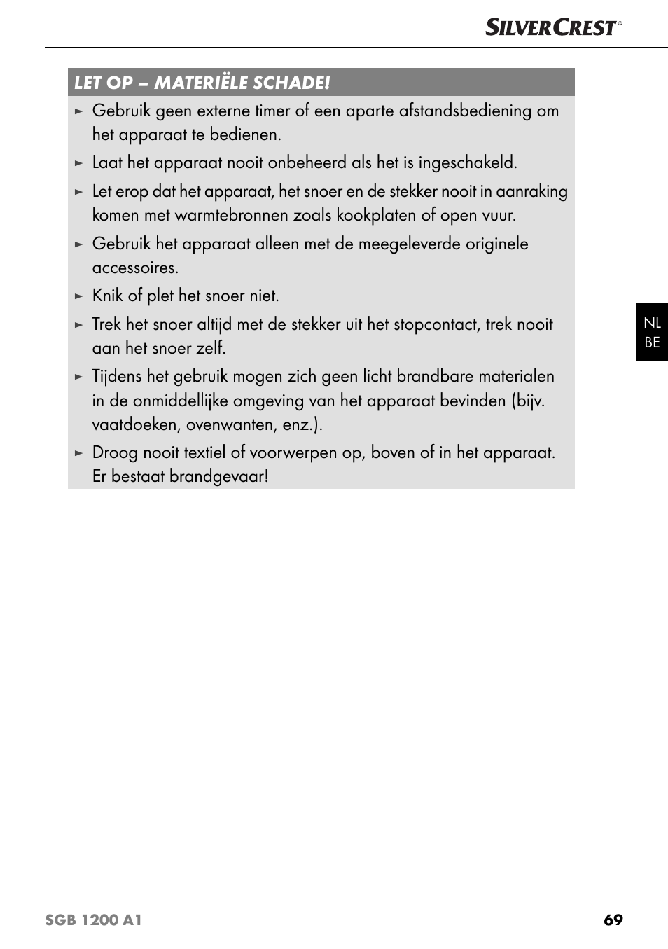 Let op – materiële schade, Knik of plet het snoer niet | Silvercrest SGB 1200 A1 User Manual | Page 72 / 99