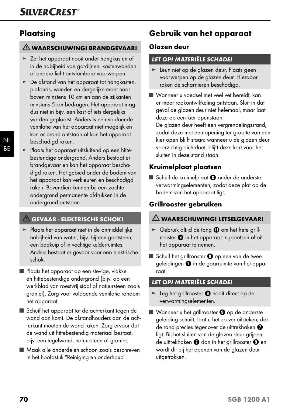 Plaatsing, Gebruik van het apparaat | Silvercrest SGB 1200 A1 User Manual | Page 73 / 99