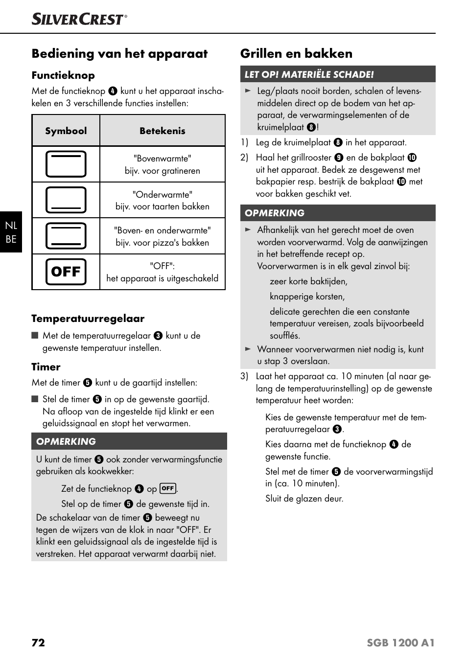 Bediening van het apparaat, Grillen en bakken | Silvercrest SGB 1200 A1 User Manual | Page 75 / 99