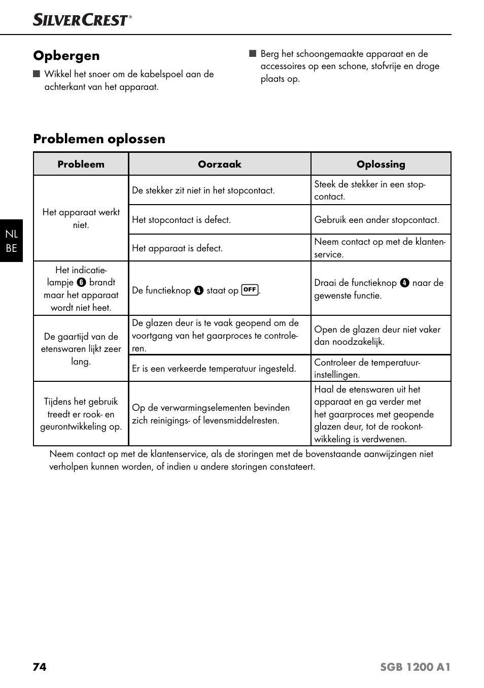 Opbergen, Problemen oplossen | Silvercrest SGB 1200 A1 User Manual | Page 77 / 99