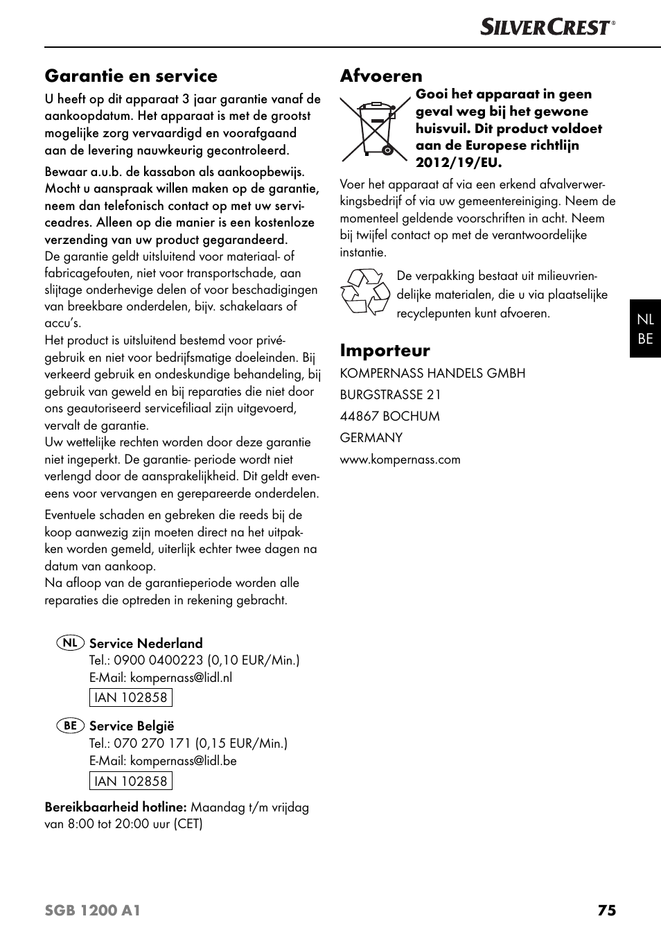 Garantie en service, Afvoeren, Importeur | Silvercrest SGB 1200 A1 User Manual | Page 78 / 99