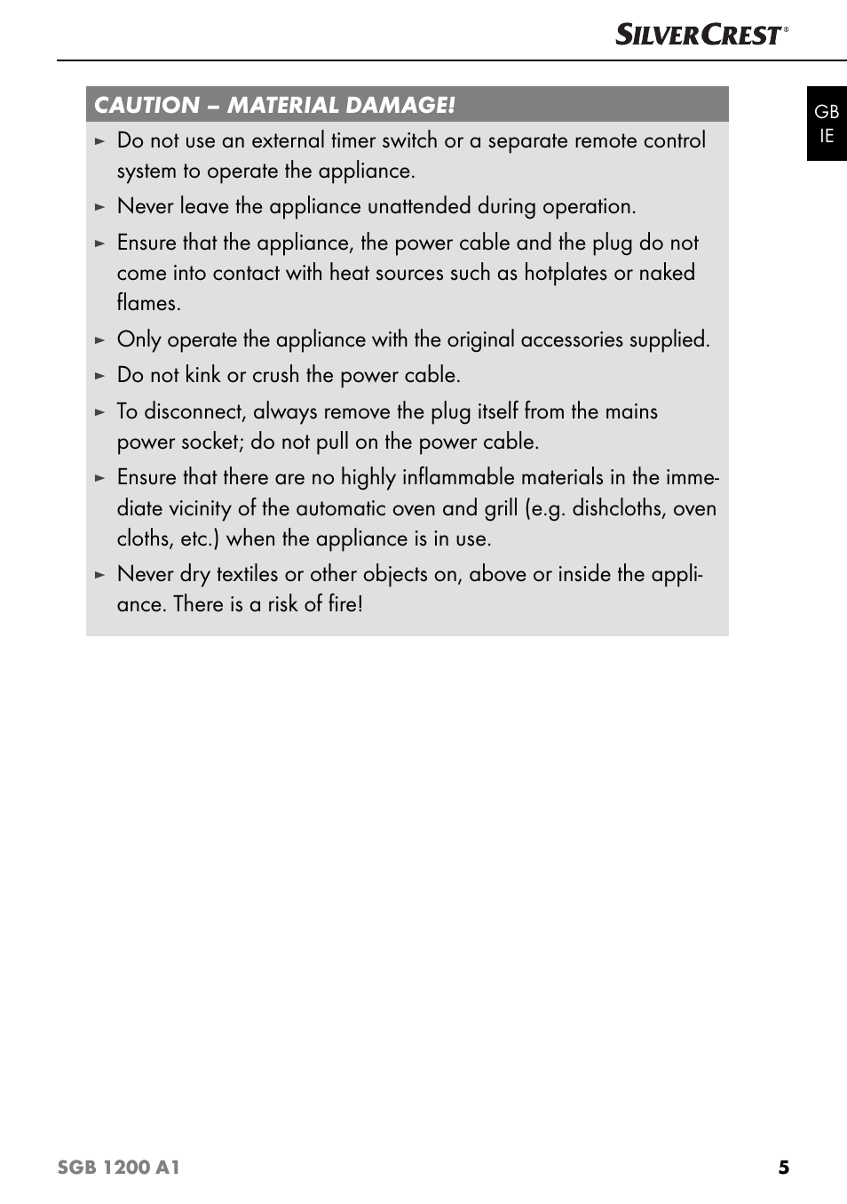 Caution – material damage, Do not kink or crush the power cable | Silvercrest SGB 1200 A1 User Manual | Page 8 / 99