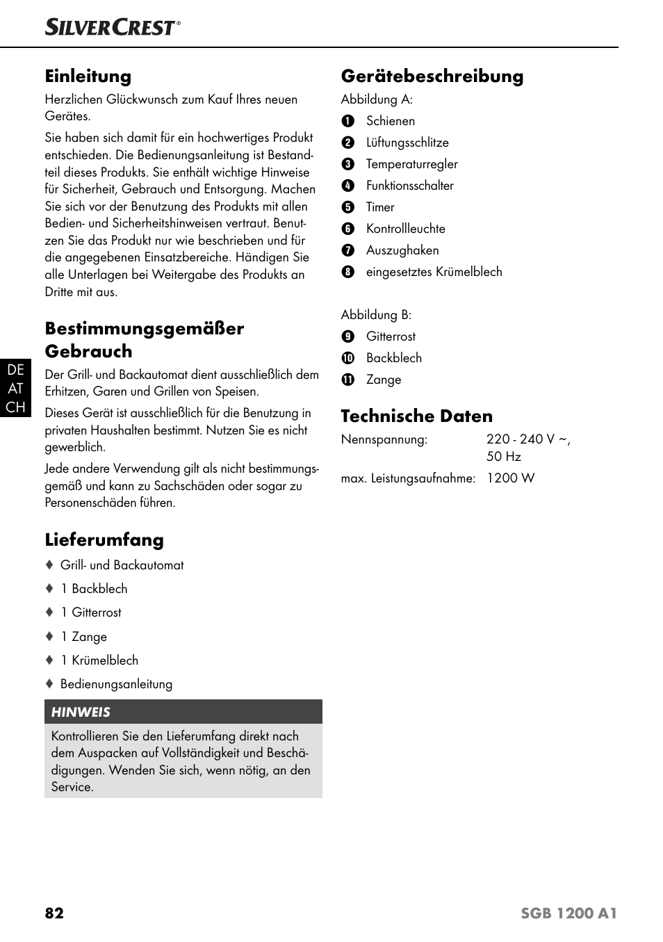 Einleitung, Bestimmungsgemäßer gebrauch, Lieferumfang | Gerätebeschreibung, Technische daten | Silvercrest SGB 1200 A1 User Manual | Page 85 / 99