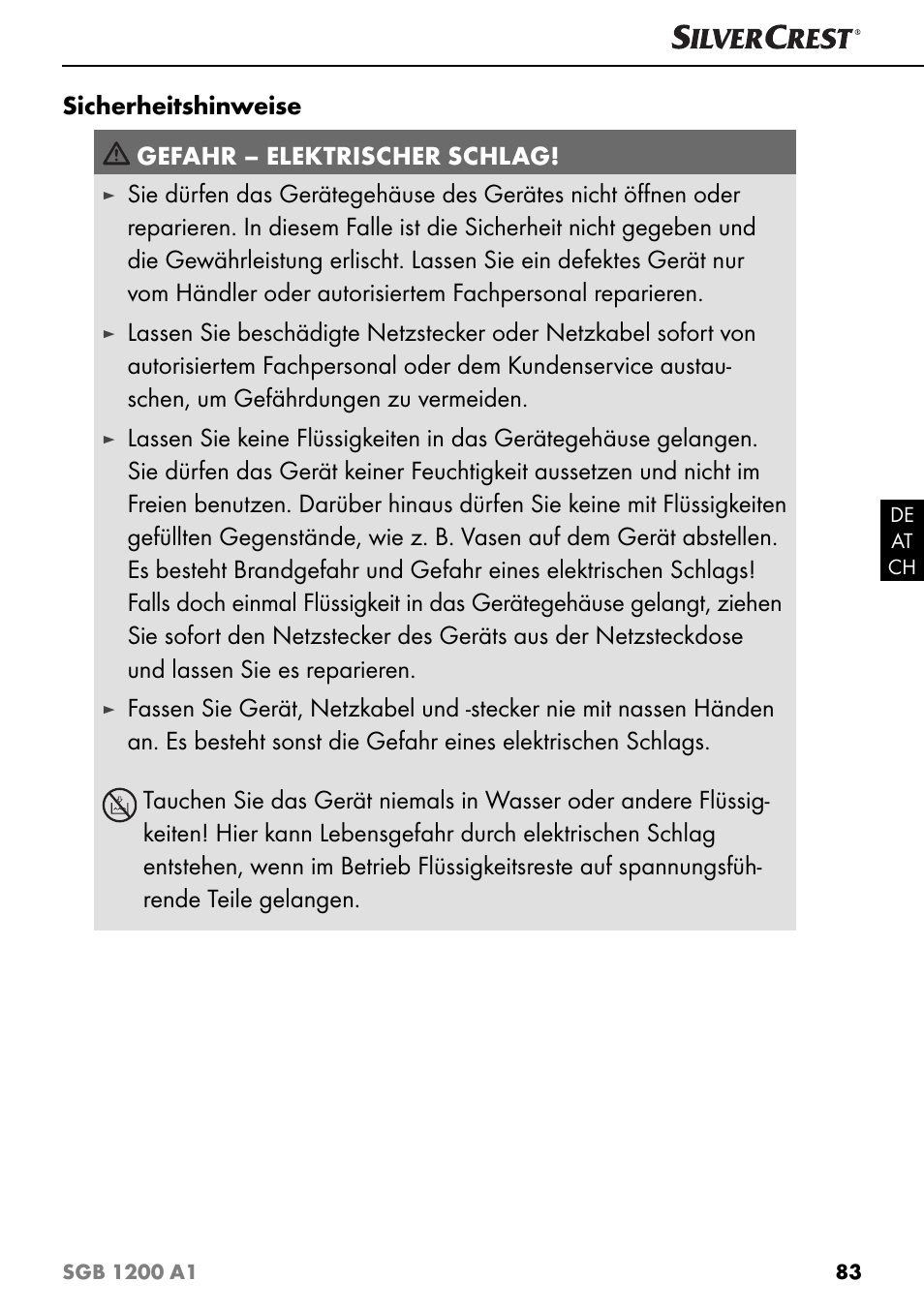 Sicherheitshinweise gefahr – elektrischer schlag | Silvercrest SGB 1200 A1 User Manual | Page 86 / 99