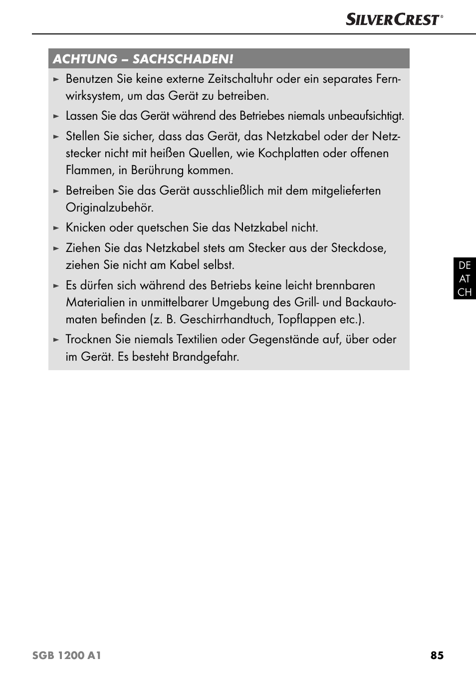 Achtung – sachschaden, Knicken oder quetschen sie das netzkabel nicht | Silvercrest SGB 1200 A1 User Manual | Page 88 / 99