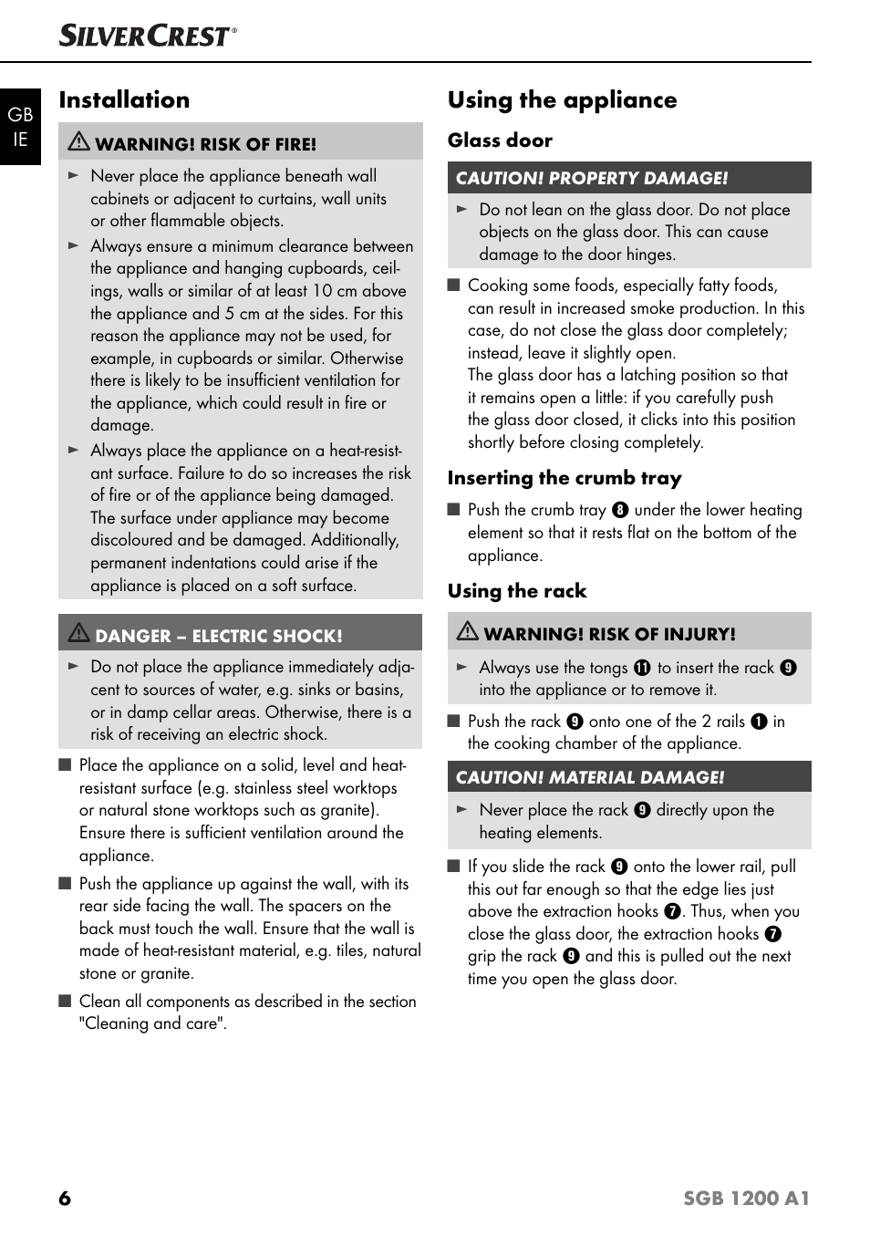 Installation, Using the appliance | Silvercrest SGB 1200 A1 User Manual | Page 9 / 99
