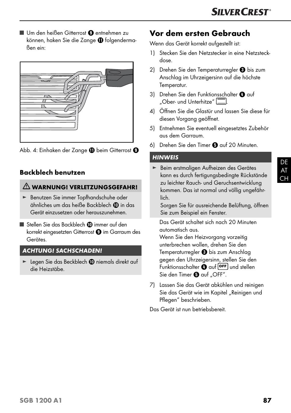 Vor dem ersten gebrauch | Silvercrest SGB 1200 A1 User Manual | Page 90 / 99