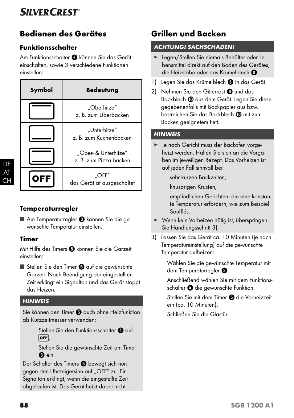 Bedienen des gerätes, Grillen und backen | Silvercrest SGB 1200 A1 User Manual | Page 91 / 99