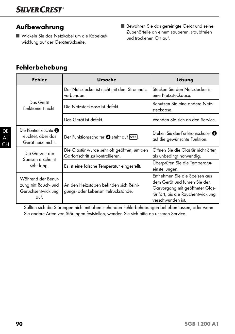 Aufbewahrung, Fehlerbehebung | Silvercrest SGB 1200 A1 User Manual | Page 93 / 99