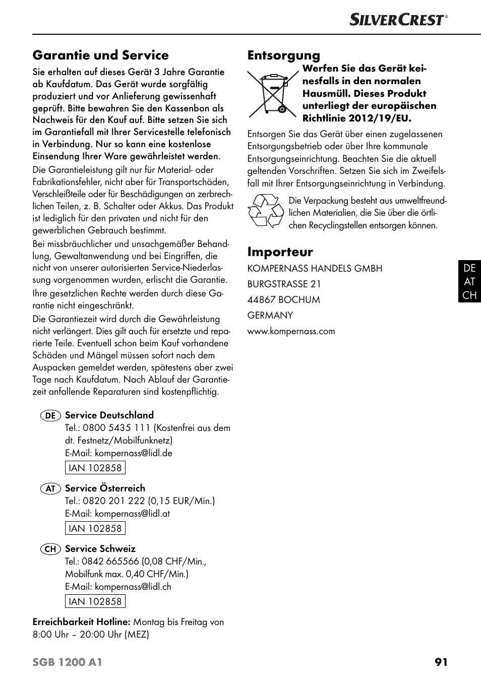 Garantie und service, Entsorgung, Importeur | Silvercrest SGB 1200 A1 User Manual | Page 94 / 99
