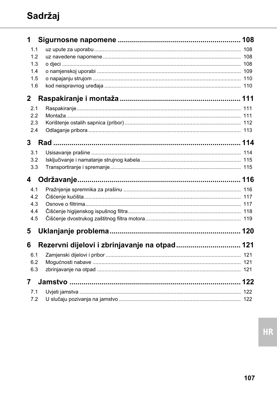 Sadržaj hr, 1sigurnosne napomene, 2raspakiranje i montaža | 3rad, 4održavanje, 7jamstvo | Silvercrest SMZS 1600 A1 User Manual | Page 107 / 126