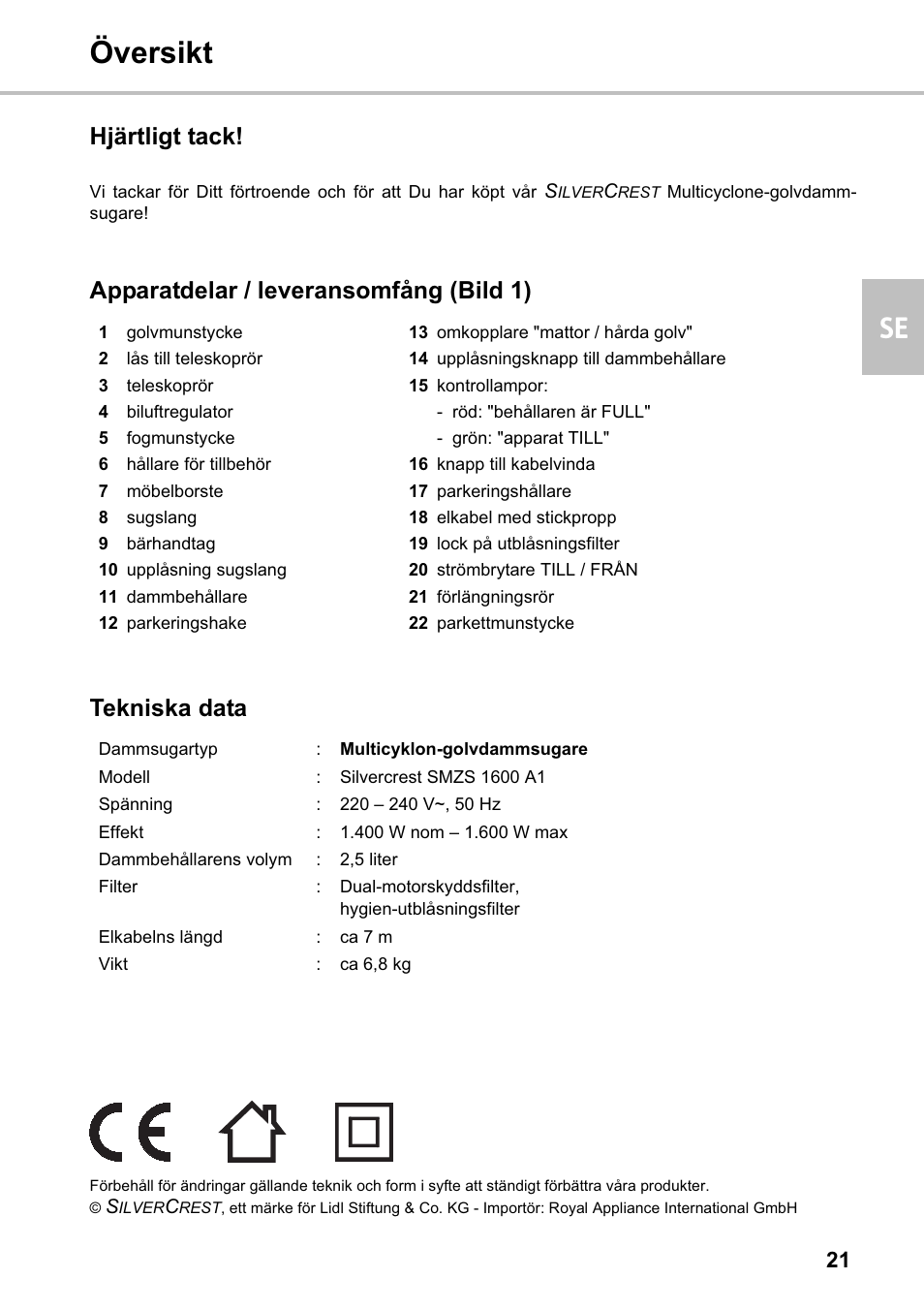 Översikt se, Hjärtligt tack | Silvercrest SMZS 1600 A1 User Manual | Page 21 / 126
