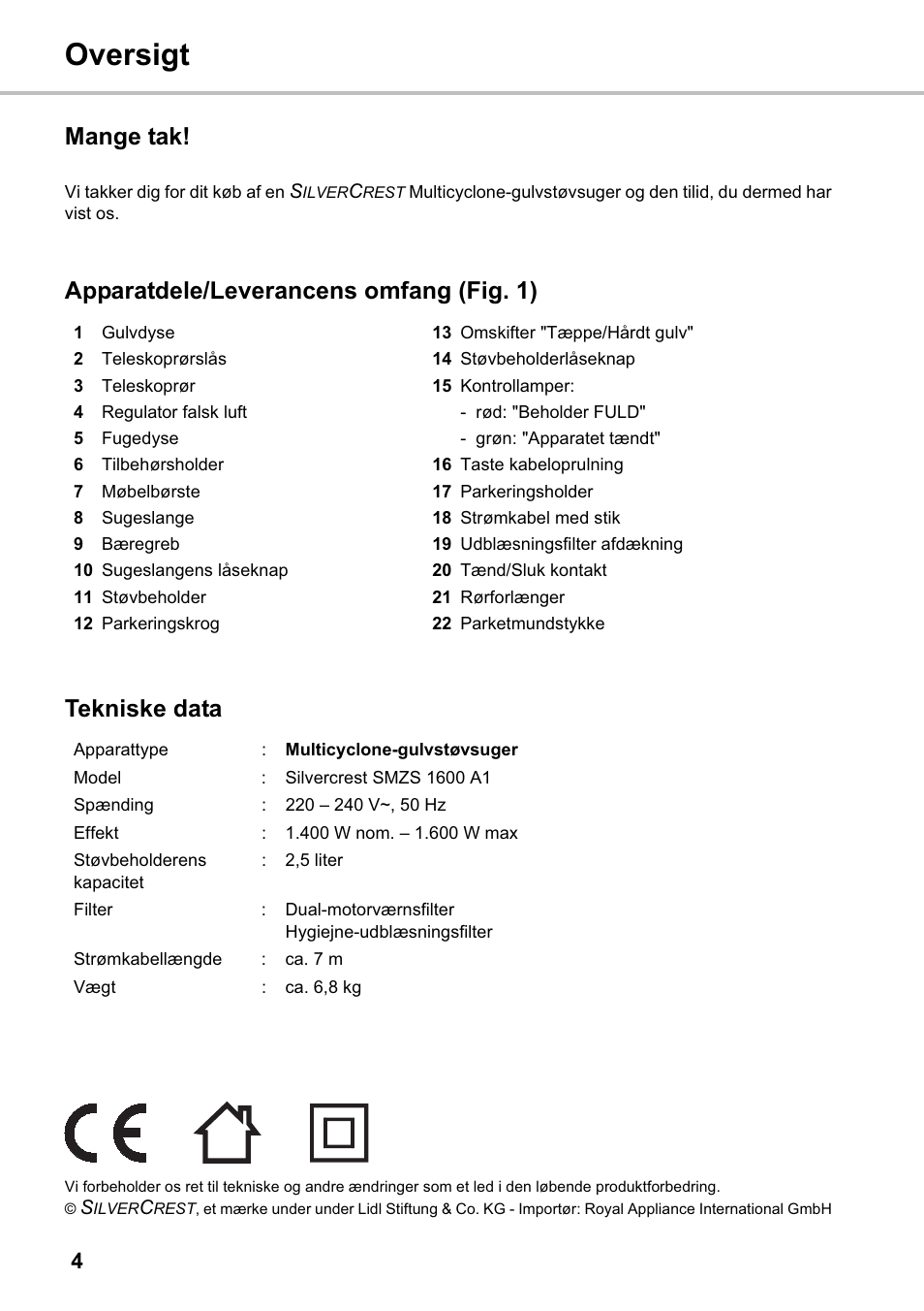 Oversigt, Mange tak | Silvercrest SMZS 1600 A1 User Manual | Page 4 / 126