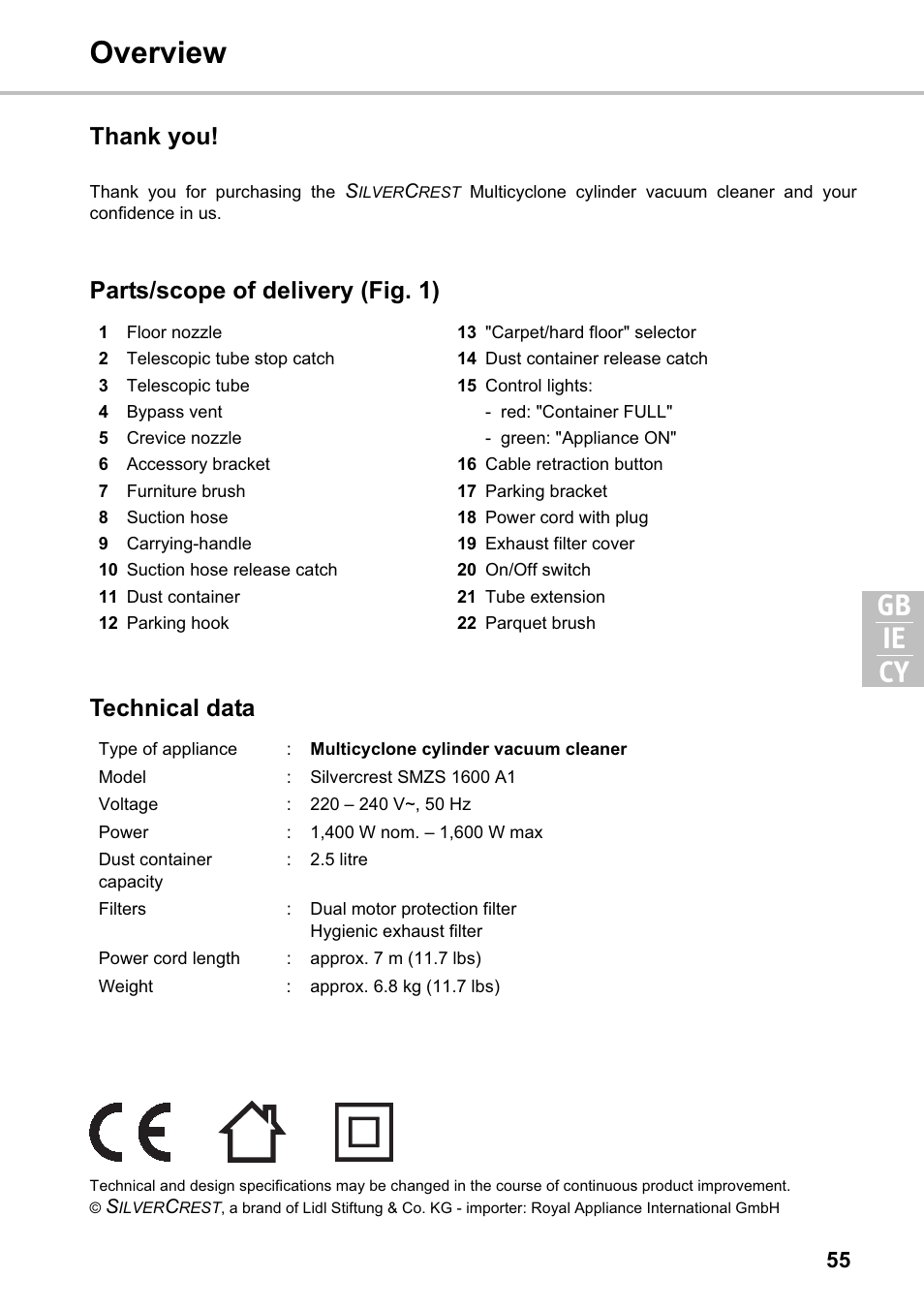 Overview gb cy ie, Parts/scope of delivery (fig. 1) technical data | Silvercrest SMZS 1600 A1 User Manual | Page 55 / 126