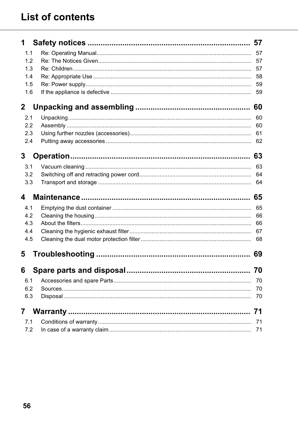 List of contents, 1safety notices, 2unpacking and assembling | 3operation, 4maintenance, 5troubleshooting 6 spare parts and disposal, 7warranty | Silvercrest SMZS 1600 A1 User Manual | Page 56 / 126