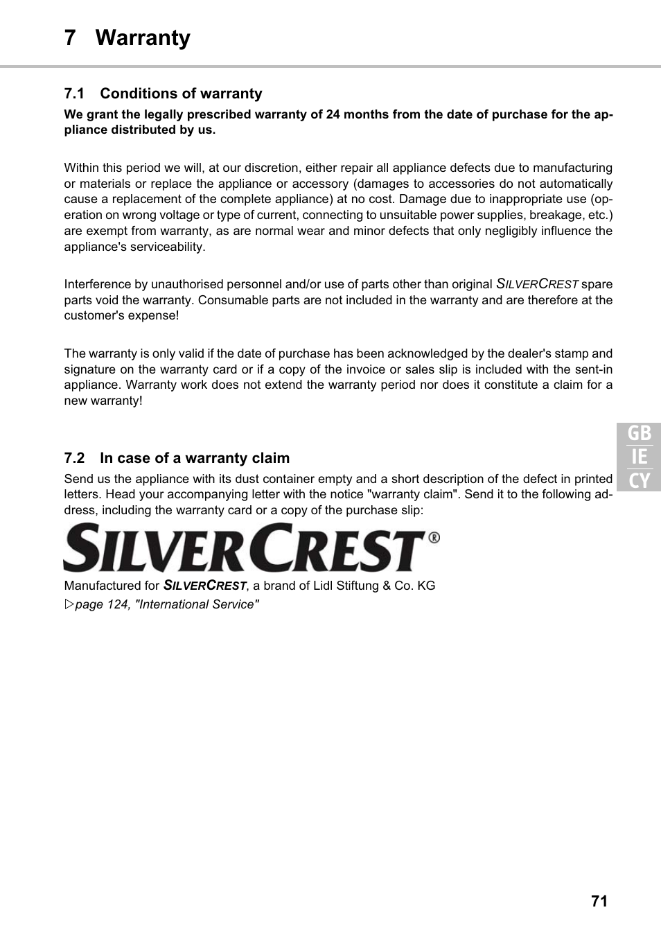 7 warranty gb cy ie | Silvercrest SMZS 1600 A1 User Manual | Page 71 / 126