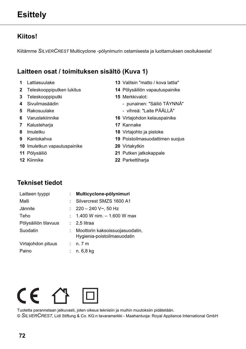 Esittely, Kiitos | Silvercrest SMZS 1600 A1 User Manual | Page 72 / 126