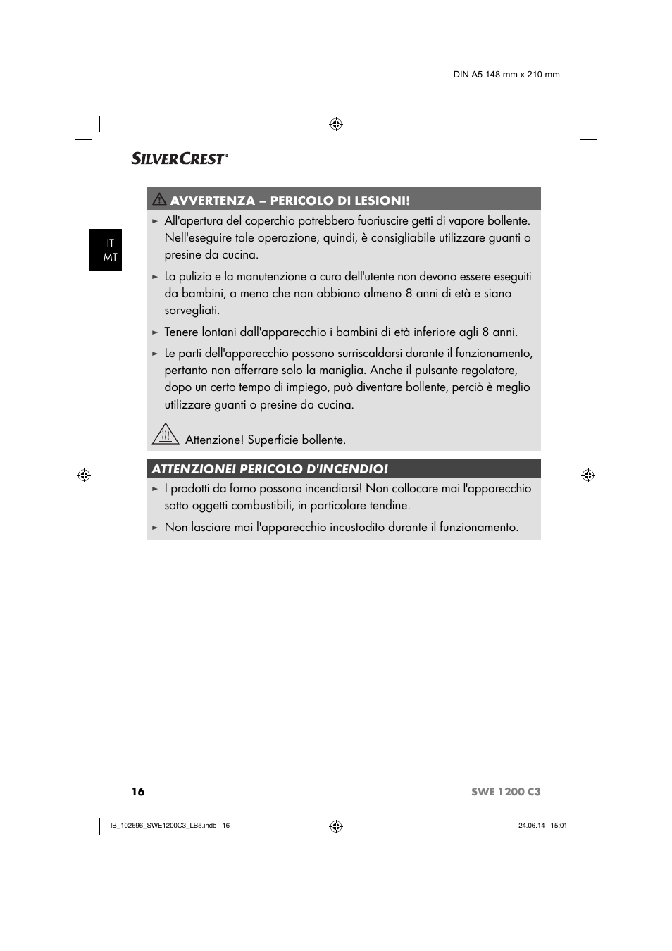 Avvertenza – pericolo di lesioni | Silvercrest SWE 1200 C3 User Manual | Page 19 / 64