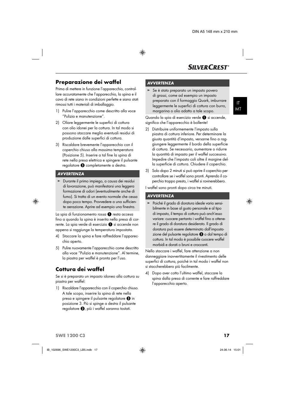 Preparazione dei waﬀ el, Cottura dei waﬀ el | Silvercrest SWE 1200 C3 User Manual | Page 20 / 64