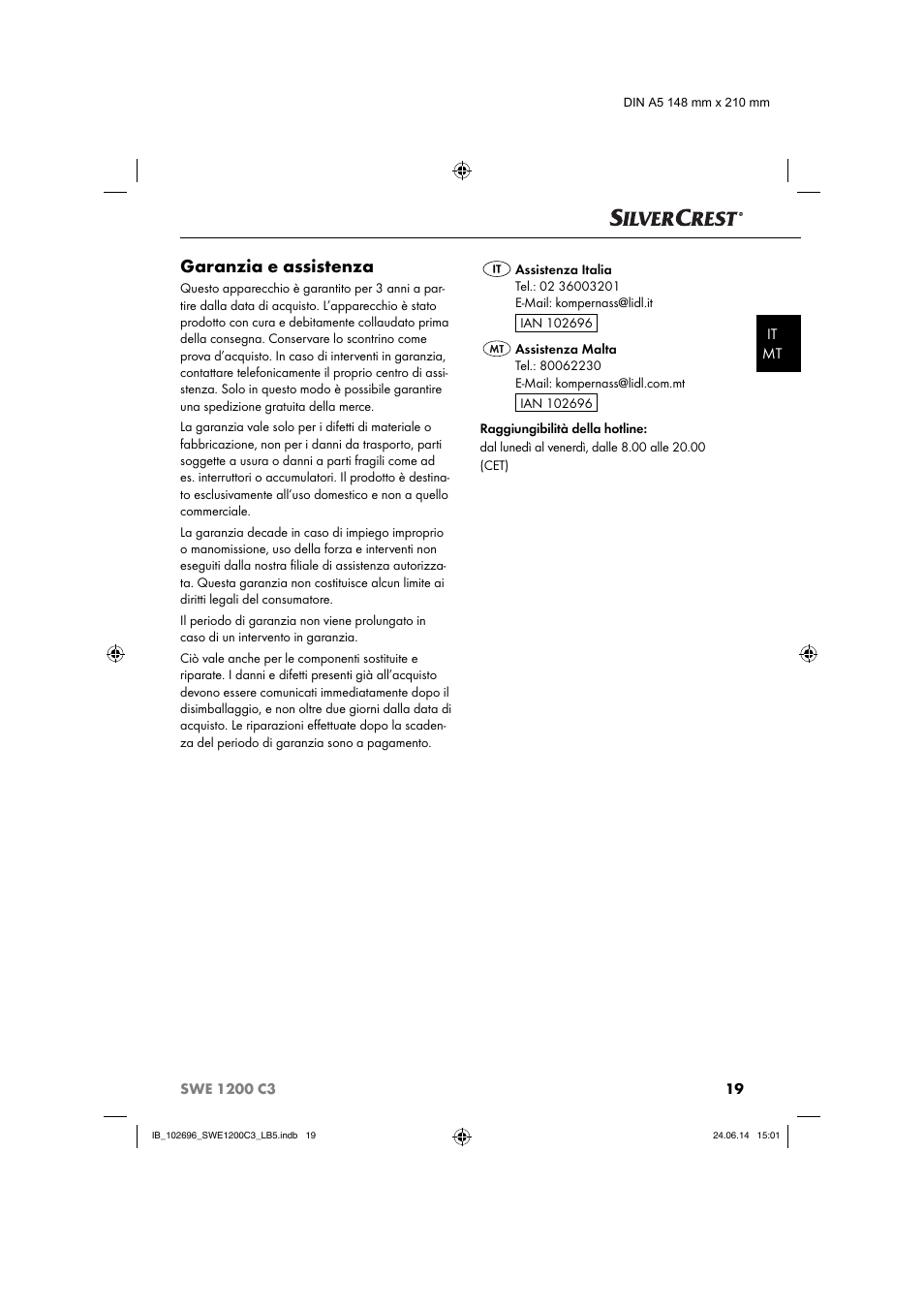 Garanzia e assistenza | Silvercrest SWE 1200 C3 User Manual | Page 22 / 64