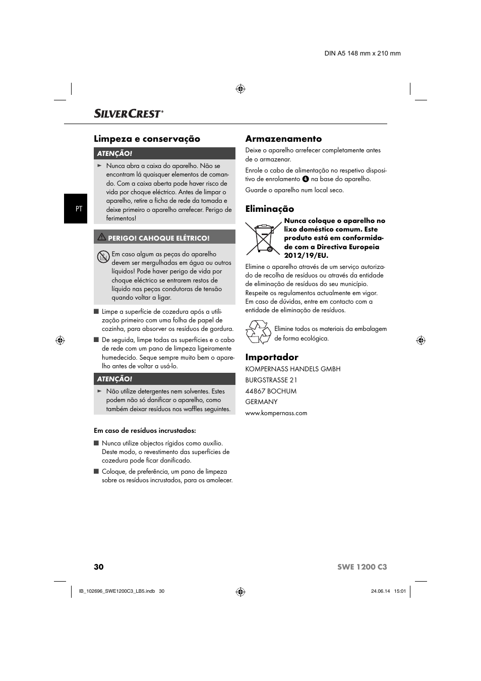 Limpeza e conservação, Armazenamento, Eliminação | Importador | Silvercrest SWE 1200 C3 User Manual | Page 33 / 64