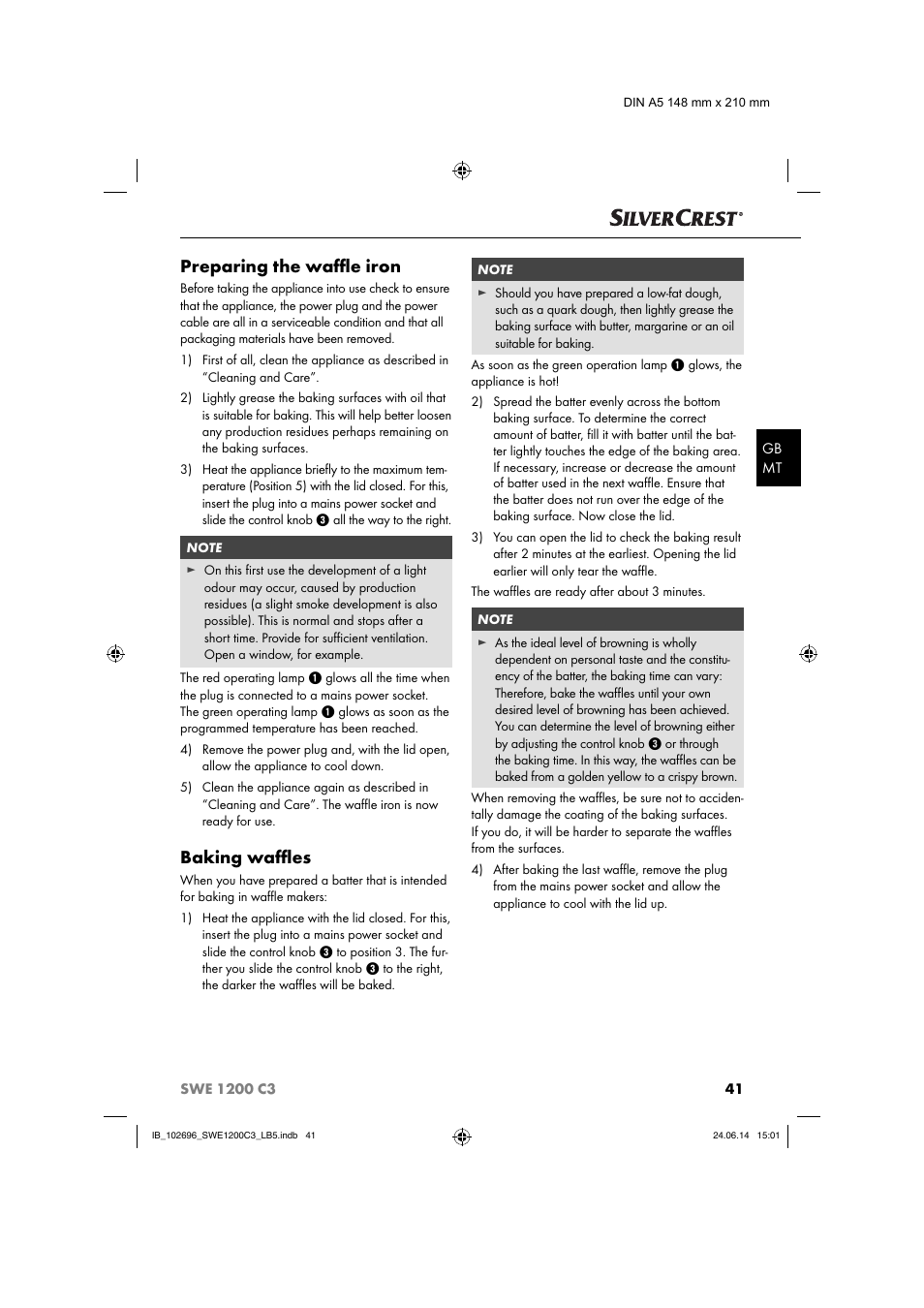 Preparing the waﬄ e iron, Baking waﬄ es | Silvercrest SWE 1200 C3 User Manual | Page 44 / 64
