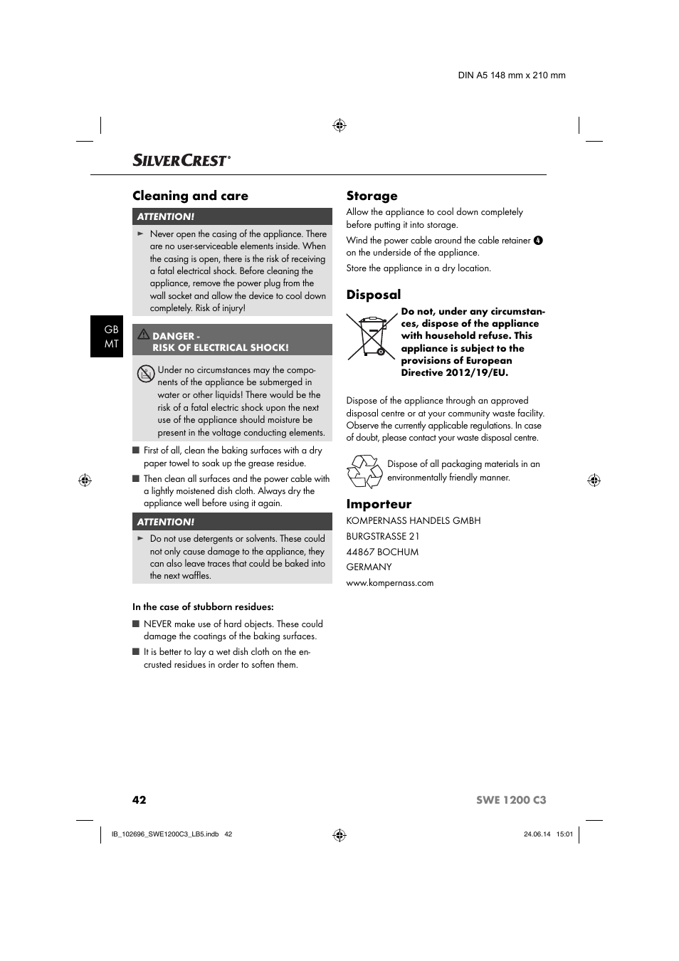 Cleaning and care, Storage, Disposal | Importeur | Silvercrest SWE 1200 C3 User Manual | Page 45 / 64