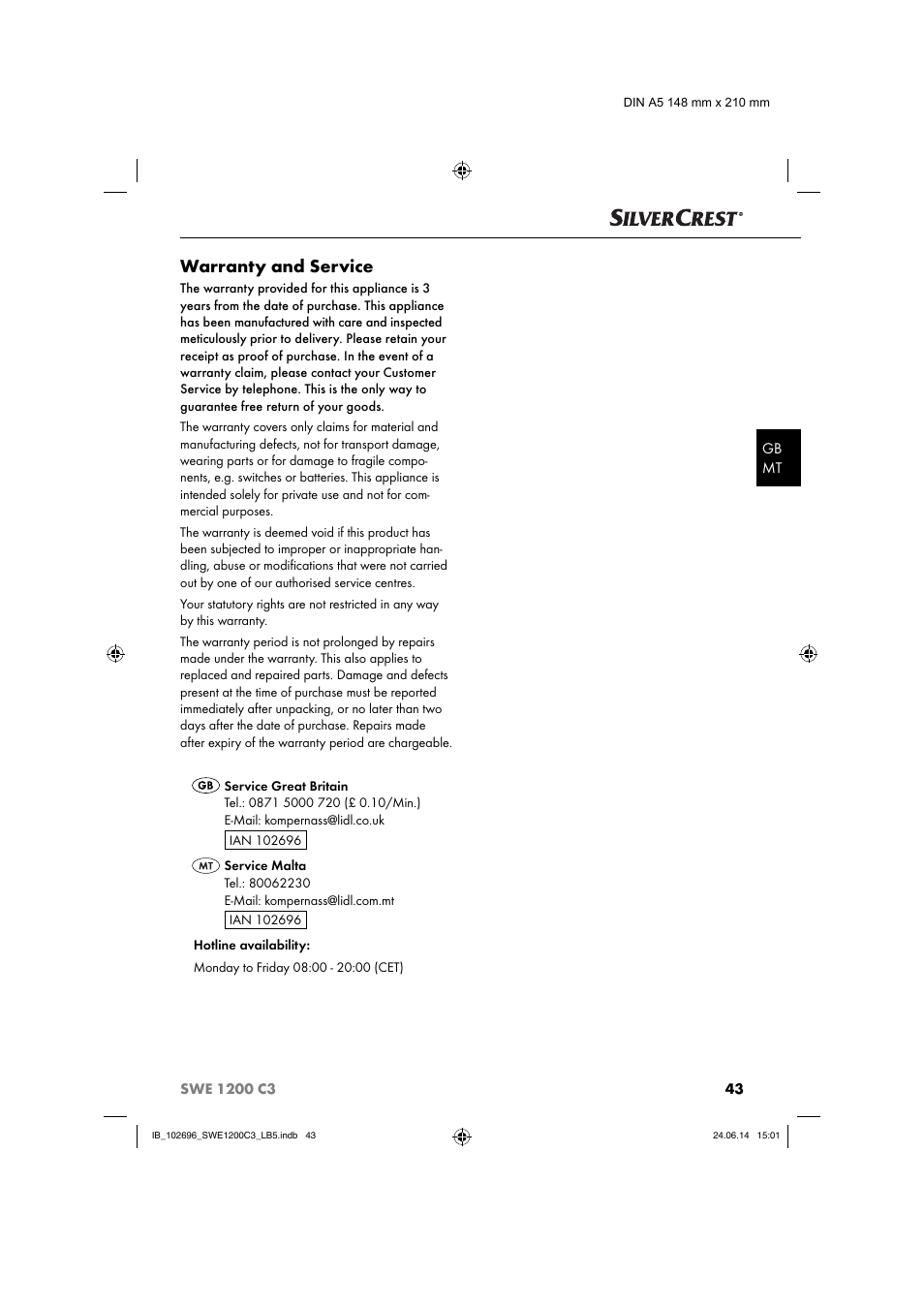Warranty and service | Silvercrest SWE 1200 C3 User Manual | Page 46 / 64