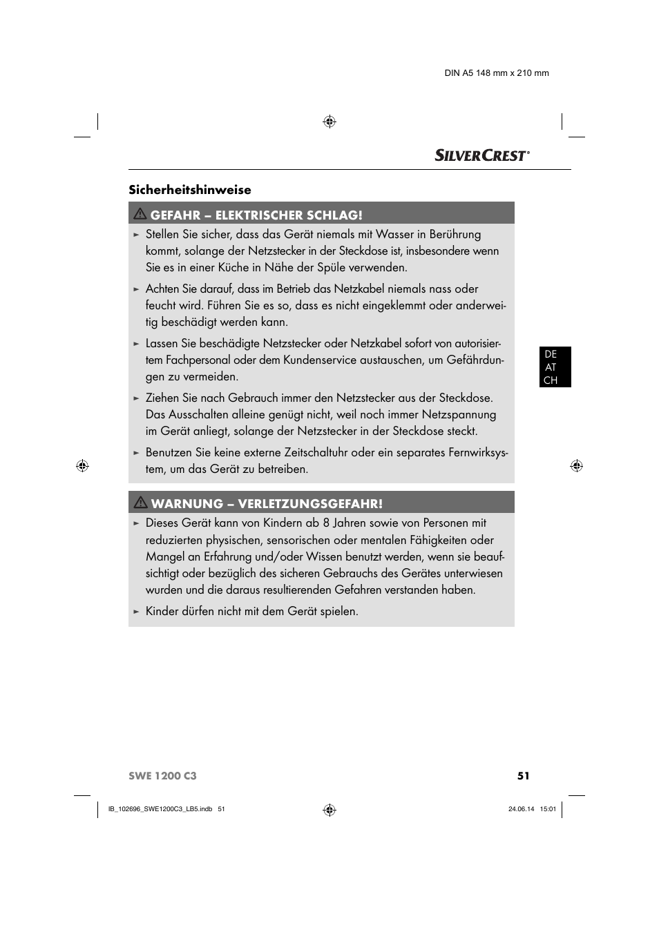 Sicherheitshinweise gefahr – elektrischer schlag, Kinder dürfen nicht mit dem gerät spielen | Silvercrest SWE 1200 C3 User Manual | Page 54 / 64