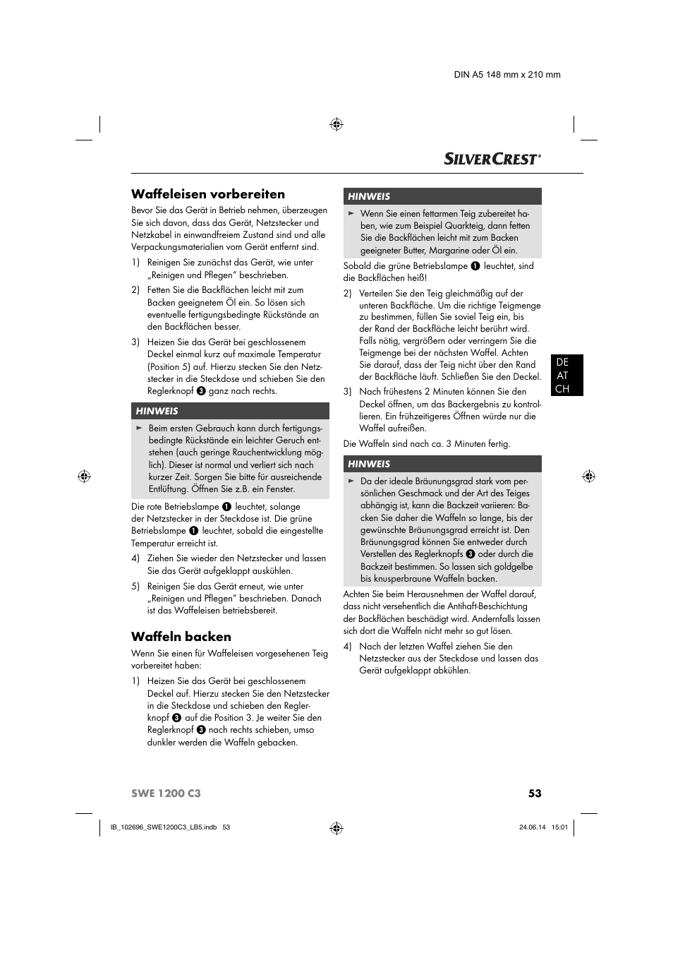 Waﬀ eleisen vorbereiten, Waﬀ eln backen | Silvercrest SWE 1200 C3 User Manual | Page 56 / 64