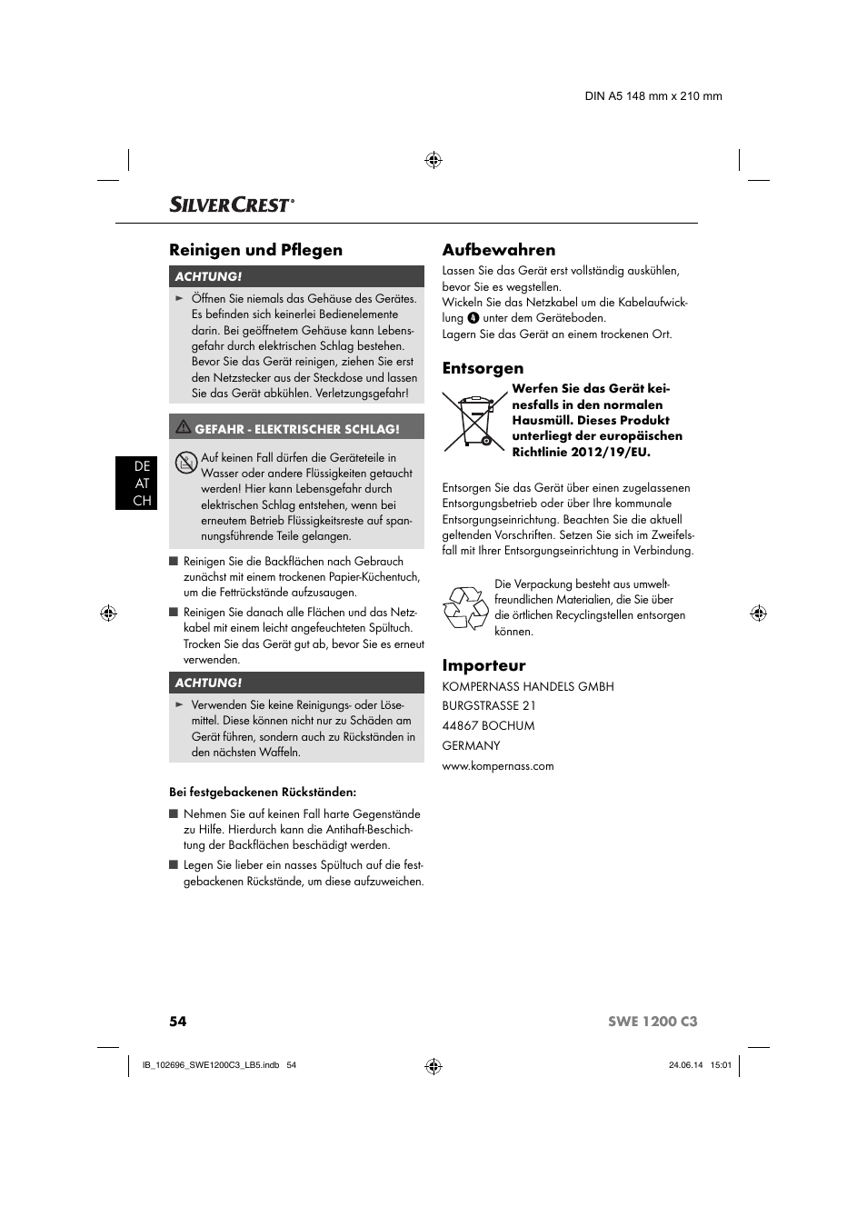 Reinigen und pﬂ egen, Aufbewahren, Entsorgen | Importeur | Silvercrest SWE 1200 C3 User Manual | Page 57 / 64
