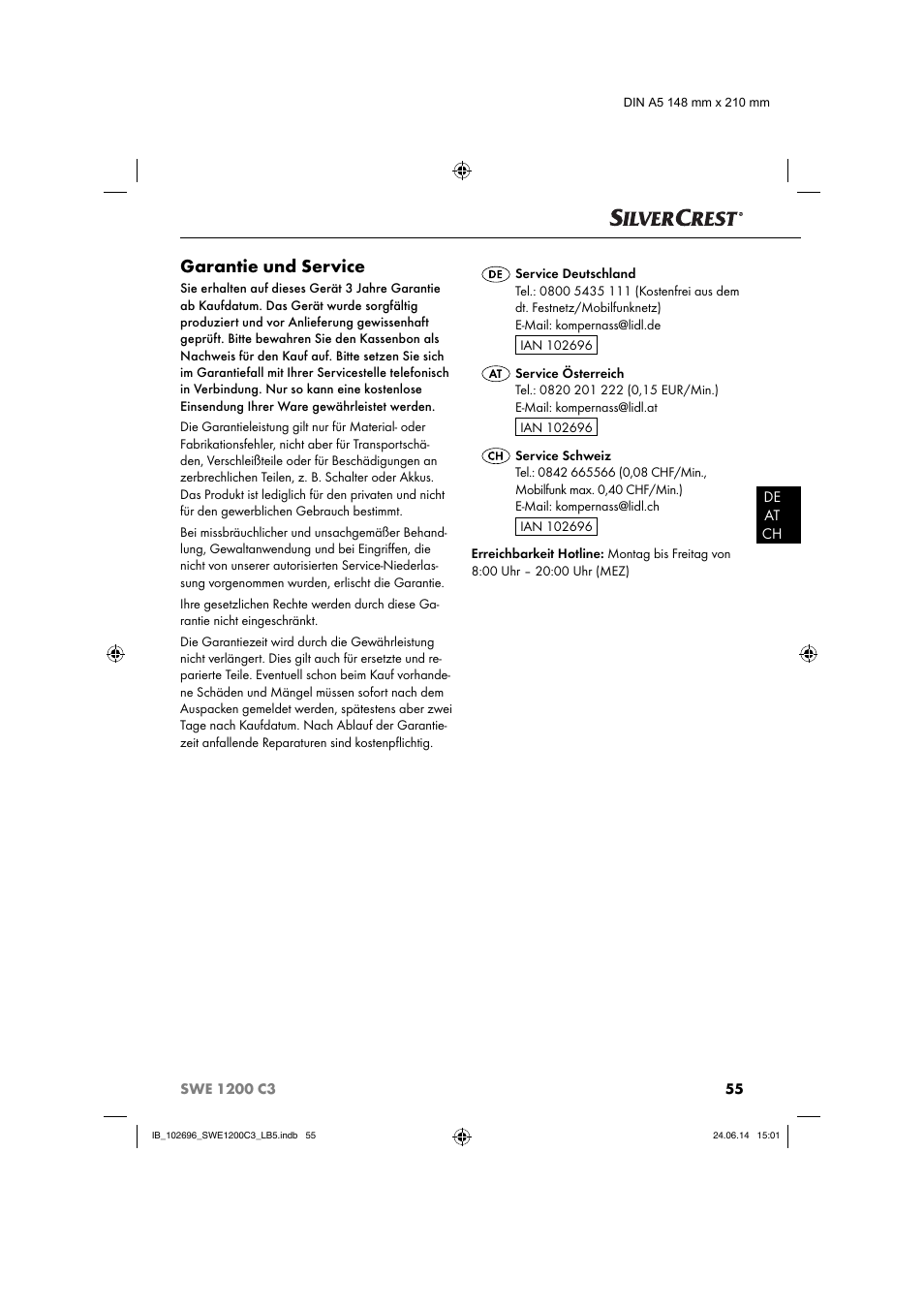 Garantie und service | Silvercrest SWE 1200 C3 User Manual | Page 58 / 64