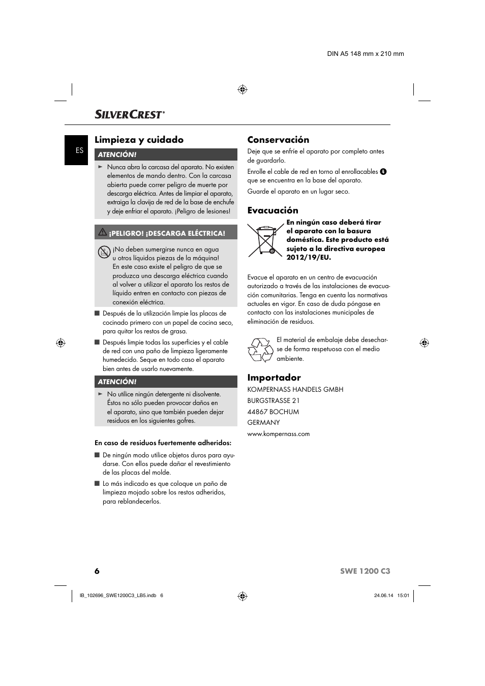 Limpieza y cuidado, Conservación, Evacuación | Importador | Silvercrest SWE 1200 C3 User Manual | Page 9 / 64