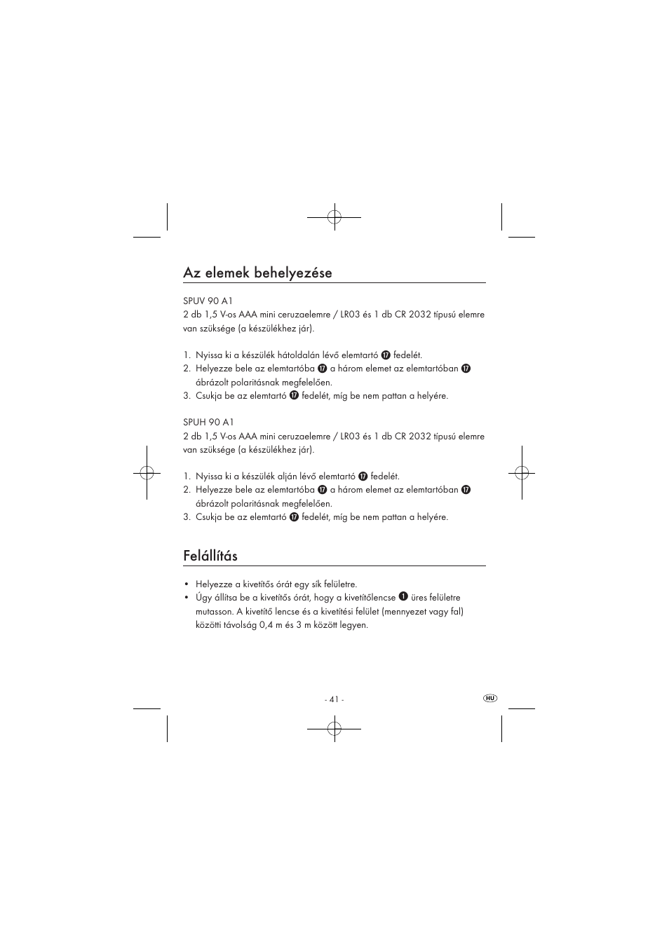 Az elemek behelyezése, Felállítás | Silvercrest SPUV 90 A1 User Manual | Page 43 / 98