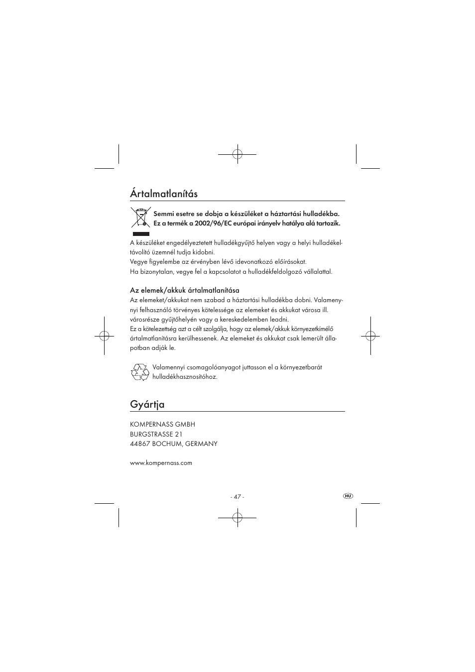 Ártalmatlanítás, Gyártja | Silvercrest SPUV 90 A1 User Manual | Page 49 / 98