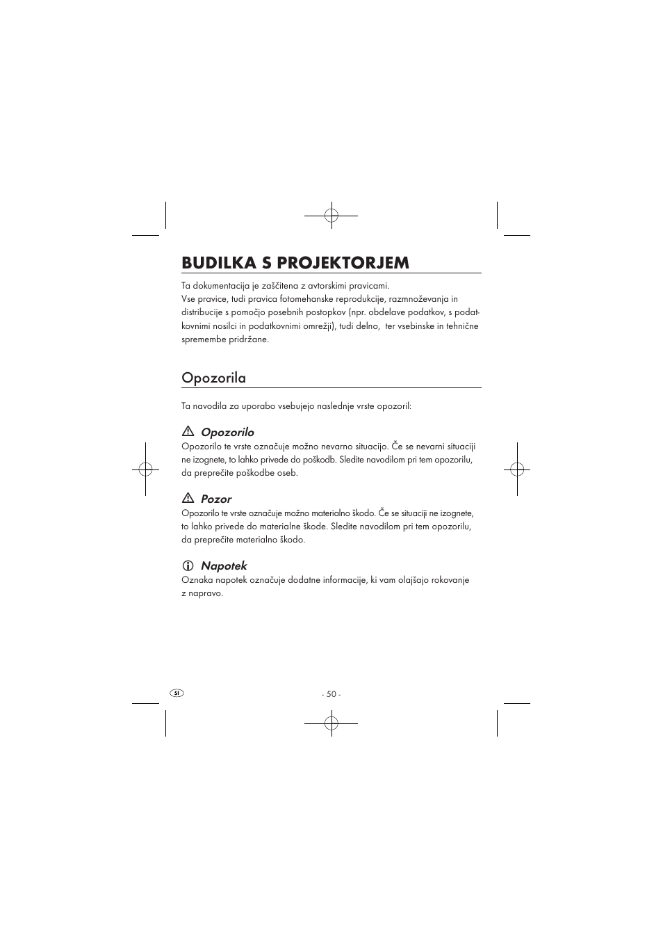 Budilka s projektorjem, Opozorila | Silvercrest SPUV 90 A1 User Manual | Page 52 / 98