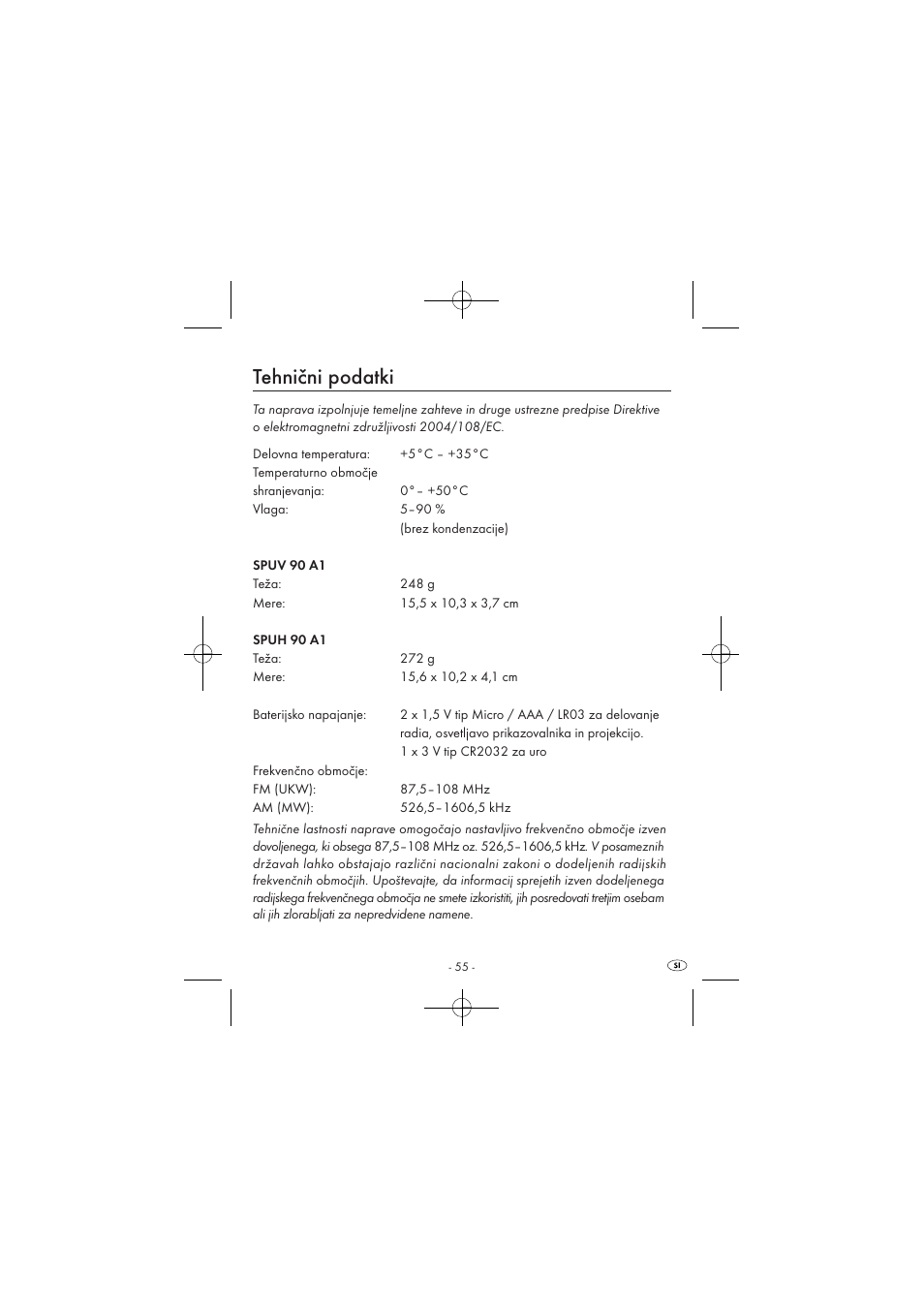 Tehnični podatki | Silvercrest SPUV 90 A1 User Manual | Page 57 / 98