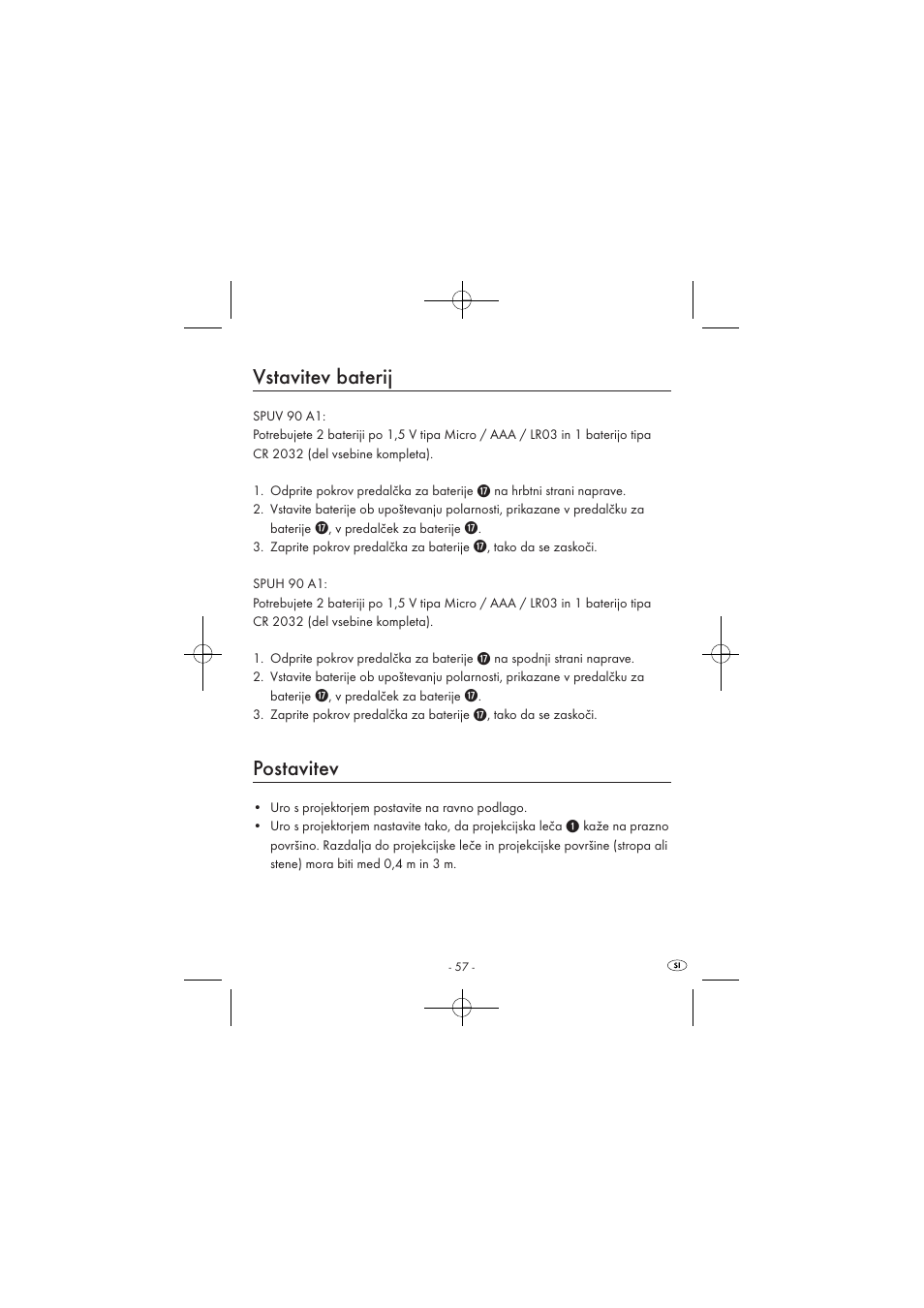 Vstavitev baterij, Postavitev | Silvercrest SPUV 90 A1 User Manual | Page 59 / 98