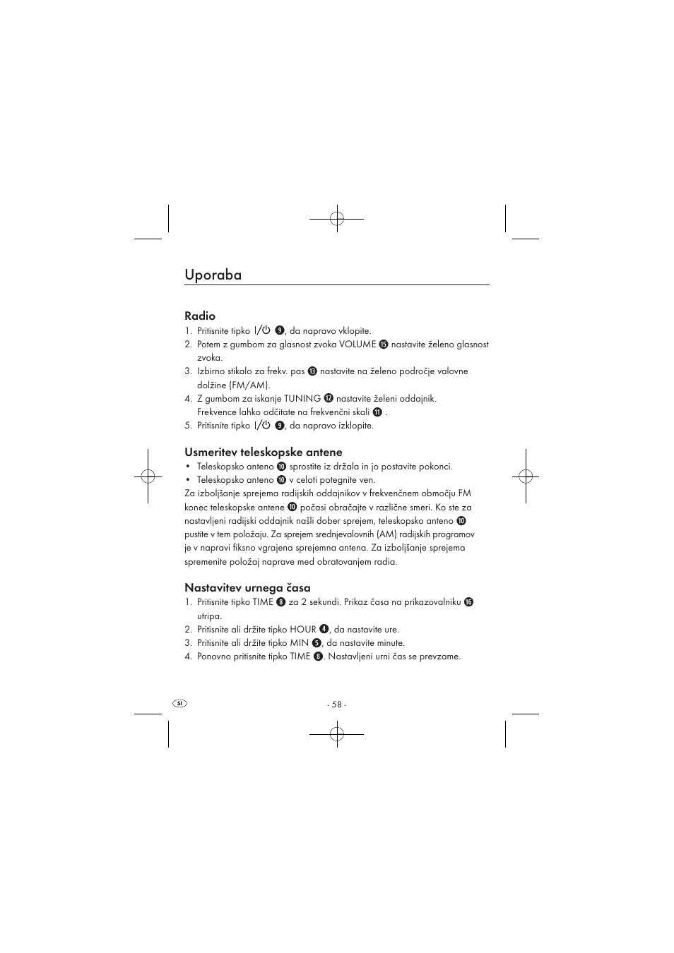 Uporaba, Radio, Usmeritev teleskopske antene | Nastavitev urnega časa | Silvercrest SPUV 90 A1 User Manual | Page 60 / 98
