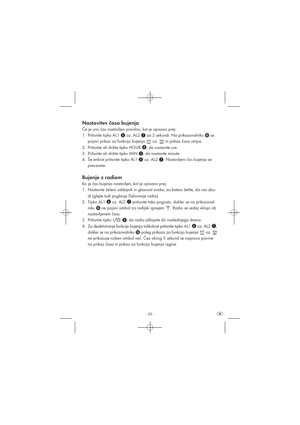 Nastavitev časa bujenja, Bujenje z radiom | Silvercrest SPUV 90 A1 User Manual | Page 61 / 98