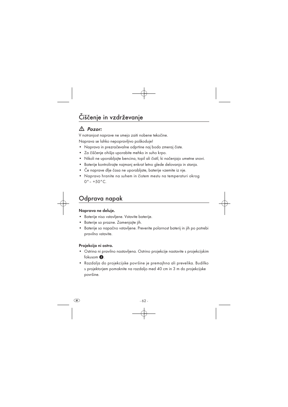 Čiščenje in vzdrževanje, Odprava napak, Pozor | Silvercrest SPUV 90 A1 User Manual | Page 64 / 98