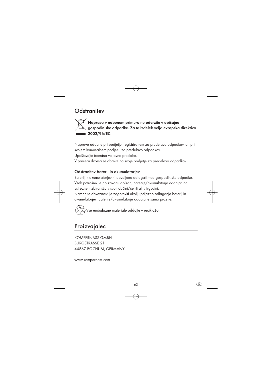 Odstranitev, Proizvajalec | Silvercrest SPUV 90 A1 User Manual | Page 65 / 98