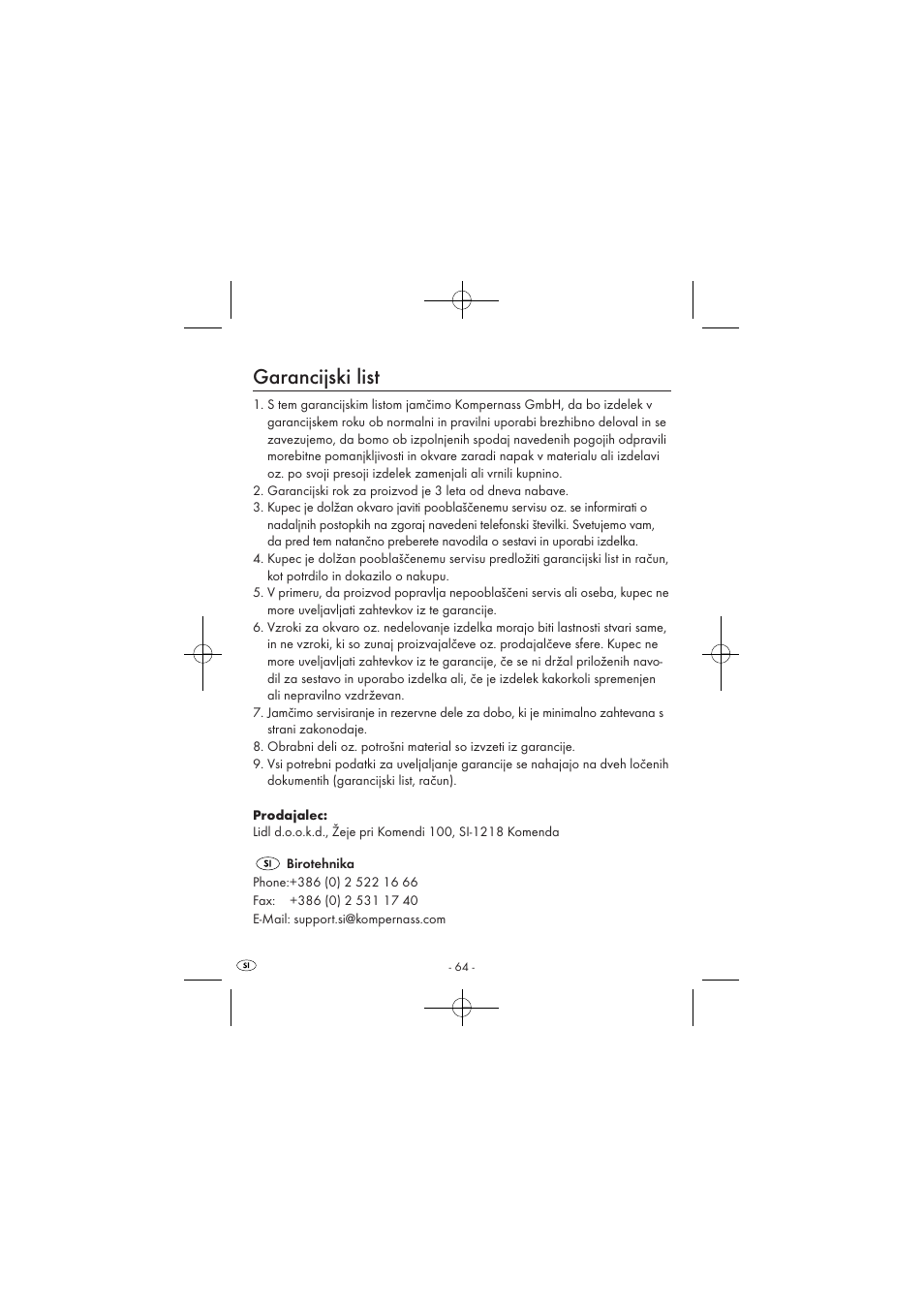Garancijski list | Silvercrest SPUV 90 A1 User Manual | Page 66 / 98