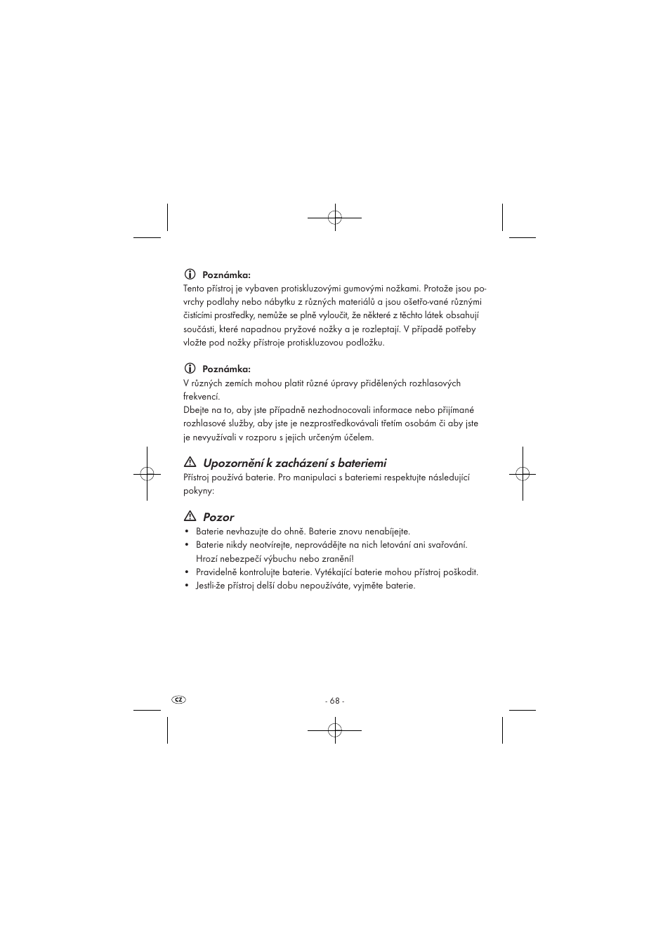 Upozornění k zacházení s bateriemi, Pozor | Silvercrest SPUV 90 A1 User Manual | Page 70 / 98