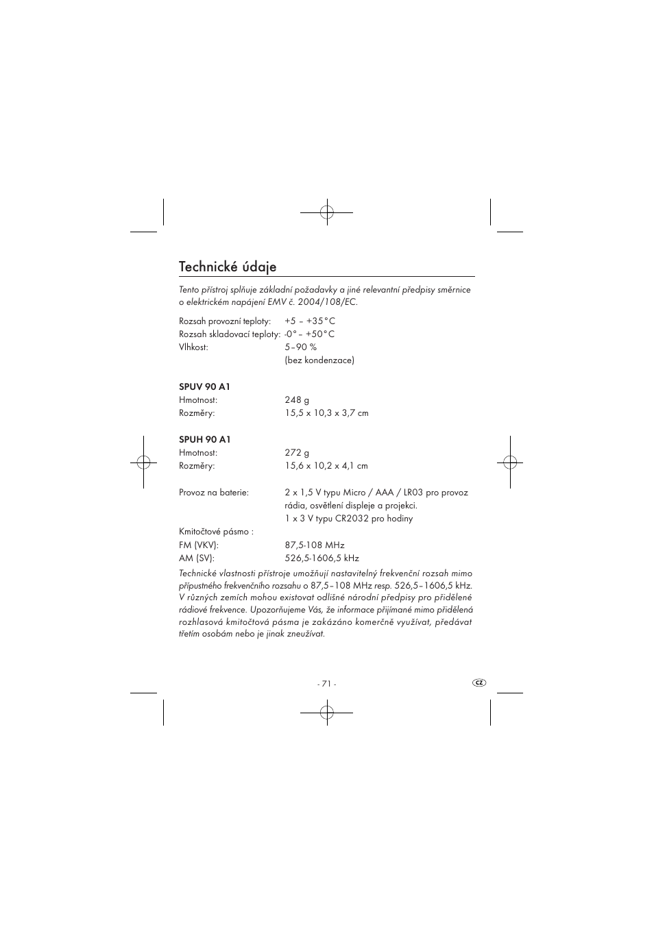 Technické údaje | Silvercrest SPUV 90 A1 User Manual | Page 73 / 98