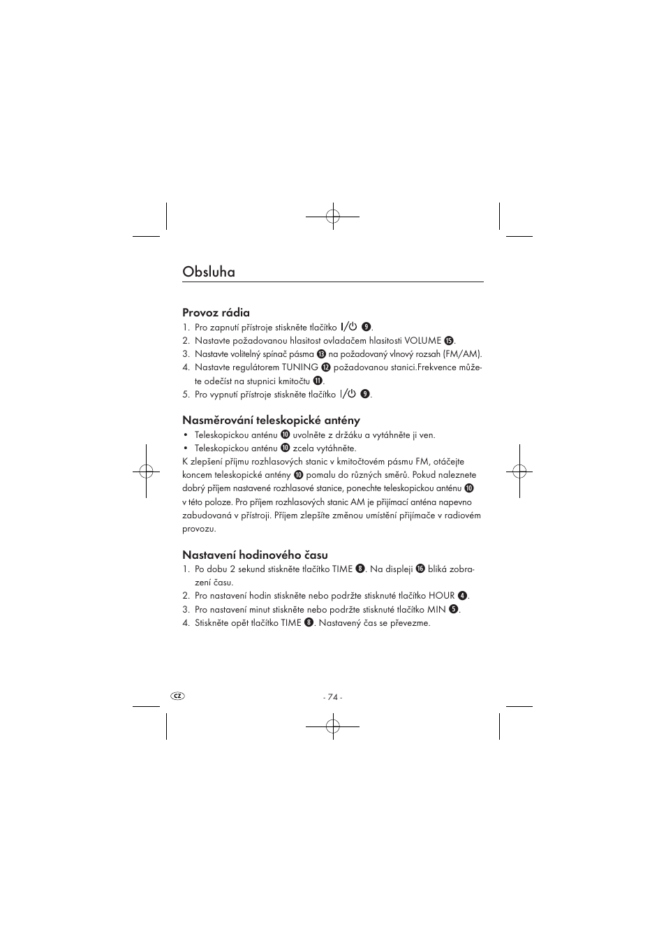 Obsluha, Provoz rádia, Nasměrování teleskopické antény | Nastavení hodinového času | Silvercrest SPUV 90 A1 User Manual | Page 76 / 98