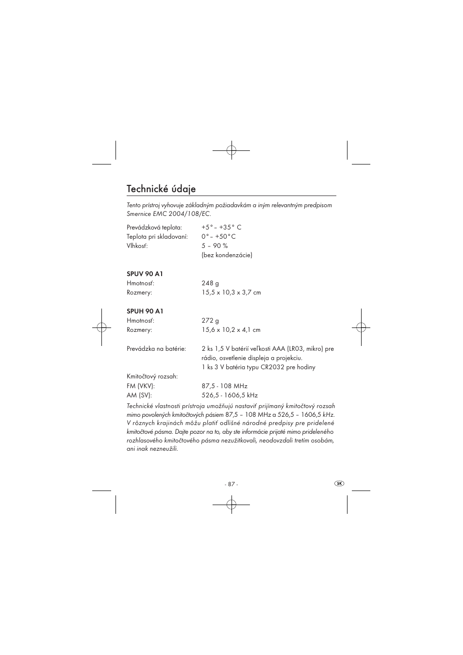 Technické údaje | Silvercrest SPUV 90 A1 User Manual | Page 89 / 98
