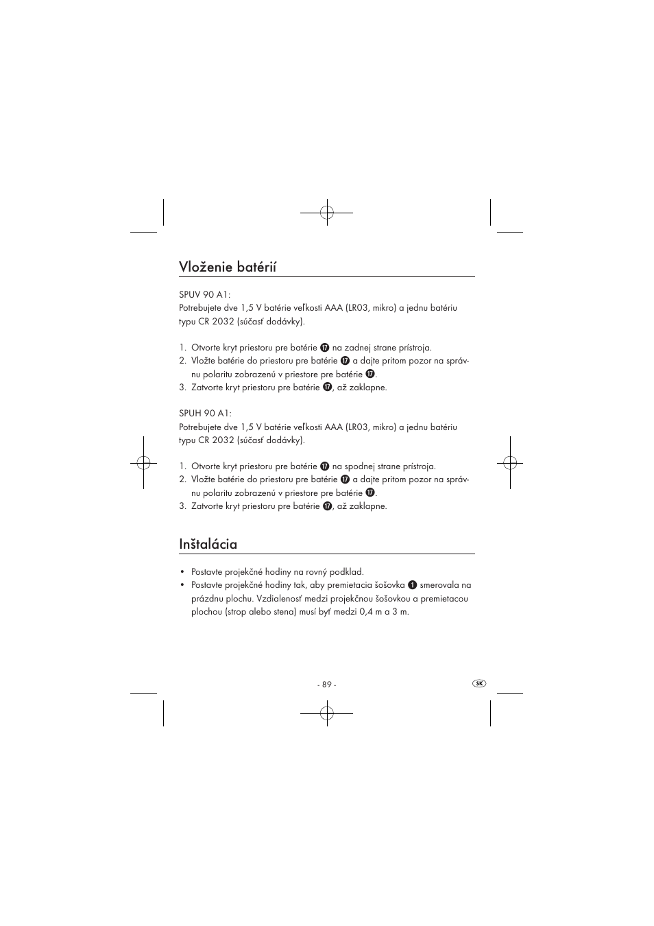 Vloženie batérií, Inštalácia | Silvercrest SPUV 90 A1 User Manual | Page 91 / 98
