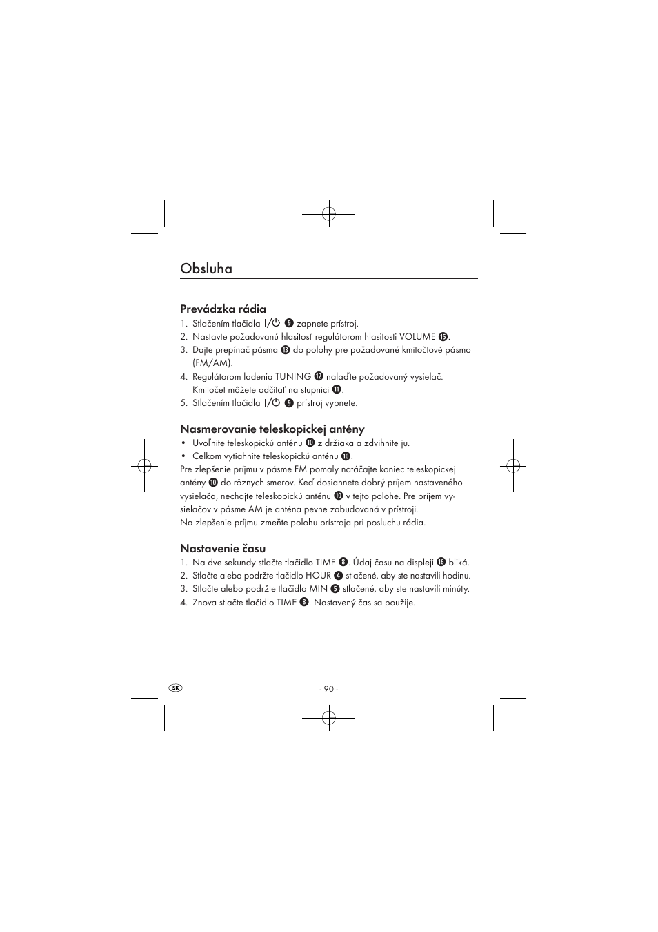 Obsluha, Prevádzka rádia, Nasmerovanie teleskopickej antény | Nastavenie času | Silvercrest SPUV 90 A1 User Manual | Page 92 / 98